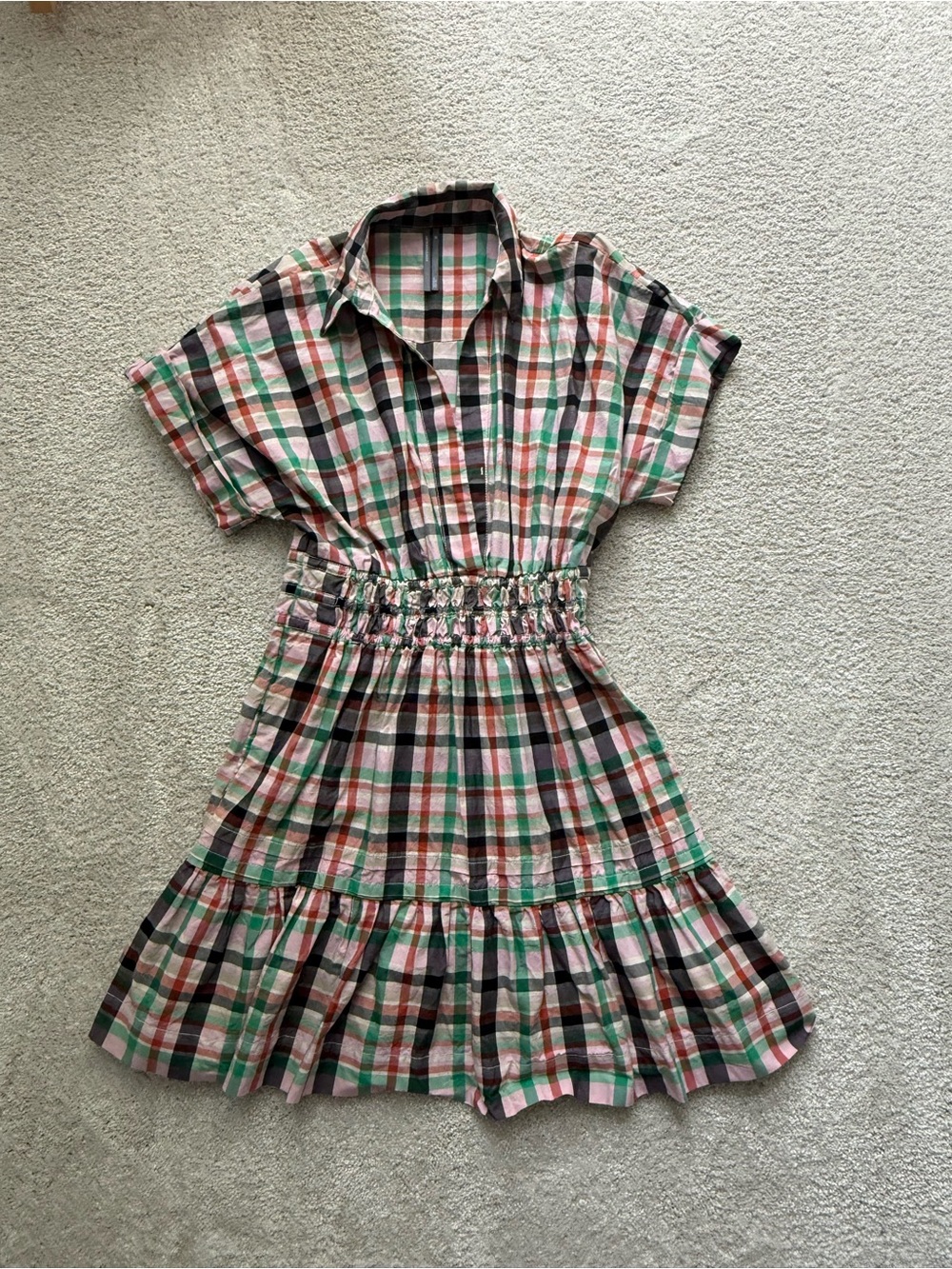 Anthropologie Pink & Green Plaid Smocked-Waist Shirtdress